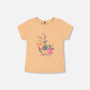 Deux par Deux T-shirt orange clair à fleurs en coton biologique