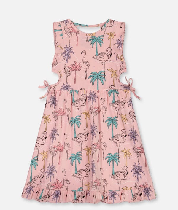 Deux par Deux Robe avec découpes imprimée de palmiers, flamants roses et turquoise en coton biologique - Image 3