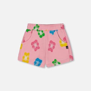 Deux par Deux Short en molleton imprimé rose avec jujubes multicolores