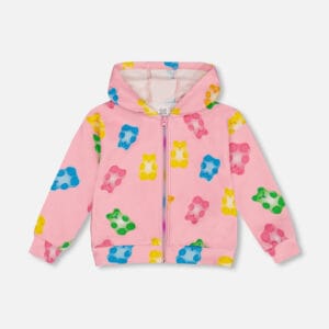 Deux par Deux Cardigan à capuchon en molleton imprimé rose avec jujubes multicolores