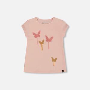 Deux par Deux Haut rose avec appliqués de papillons scintillants en coton biologique