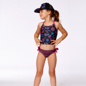 Deux par Deux Maillot de bain deux-pièces imprimé noir avec éléments bleus et roses