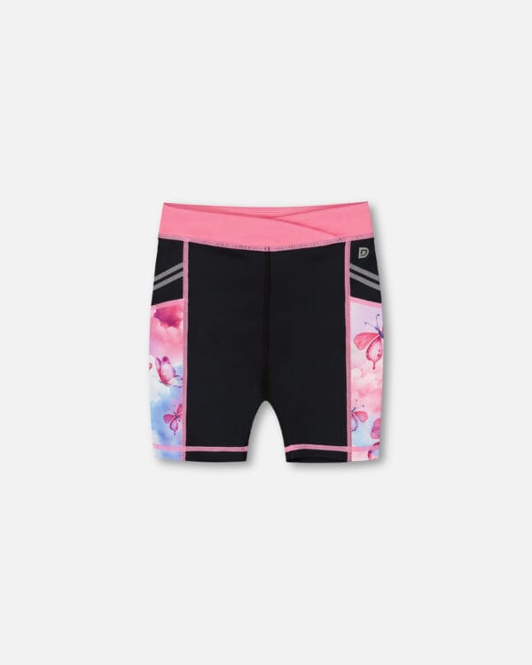 Deux par Deux Short cycliste athlétique imprimé noir, rose et papillons multicolores