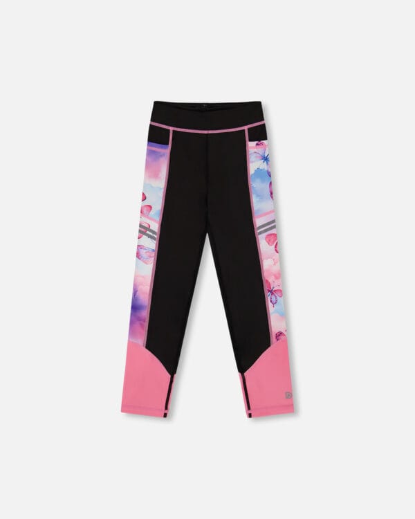 Deux par Deux Legging athlétique blocs de couleurs noir et papillons multicolores