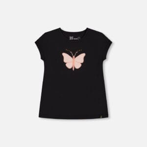 Deux par Deux Haut noir avec appliqué de papillon rose en coton biologique