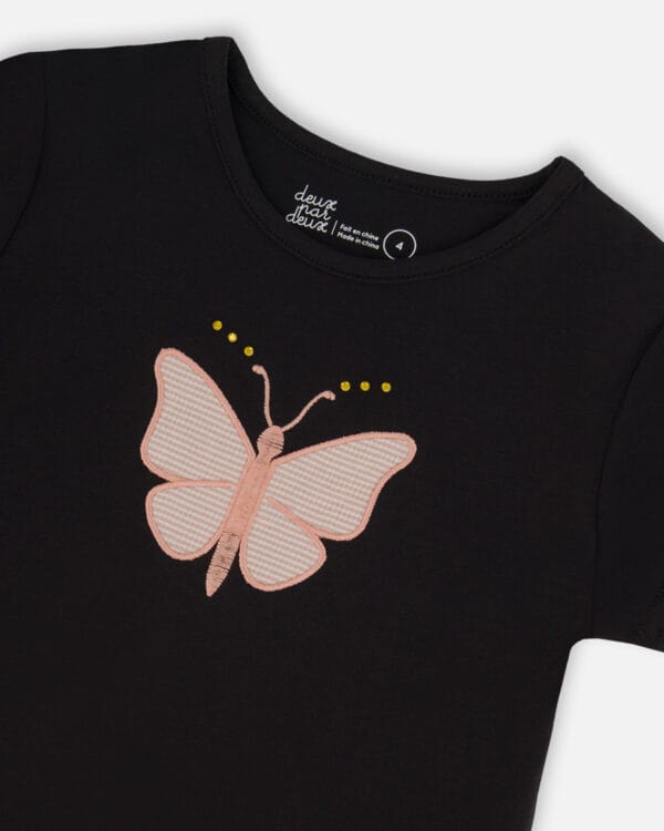 Deux par Deux Haut noir avec appliqué de papillon rose en coton biologique – Image 3