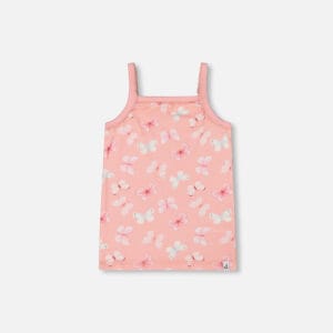 Camisole imprimée à papillons roses et bleus sur fond vieux rose en coton biologique