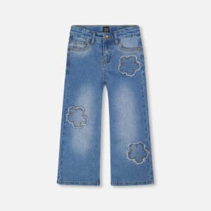 Deux par Deux Jean en denim extensible bleu pâle à jambe large et fleurs brodées PRÉVENTE