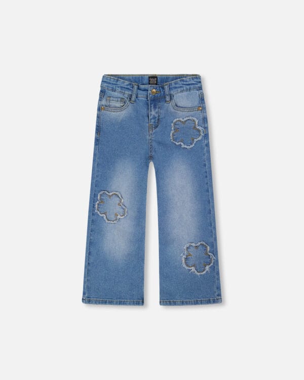 Deux par Deux Jean en denim extensible bleu pâle à jambe large et fleurs brodées PRÉVENTE