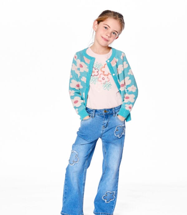 Deux par Deux Jean en denim extensible bleu pâle à jambe large et fleurs brodées PRÉVENTE – Image 4