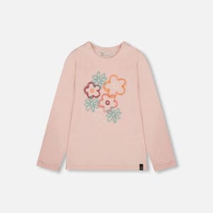 Deux par Deux T-shirt manches longues en coton biologique rose pâle avec grandes fleurs PRÉVENTE