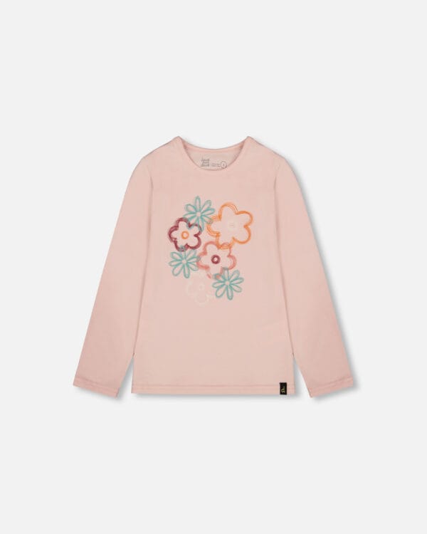Deux par Deux T-shirt manches longues en coton biologique rose pâle avec grandes fleurs PRÉVENTE
