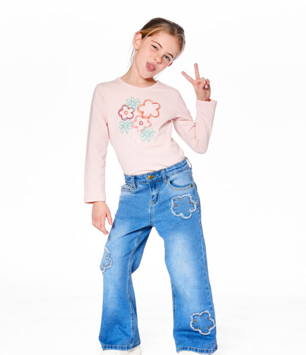 Deux par Deux T-shirt manches longues en coton biologique rose pâle avec grandes fleurs PRÉVENTE – Image 4