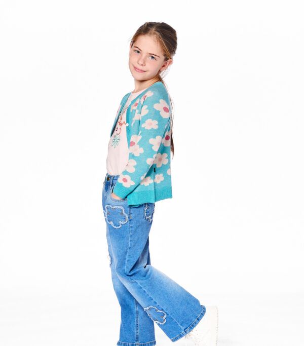 Deux par Deux Cardigan en tricot boutonné sur le devant bleu turquoise – Image 4