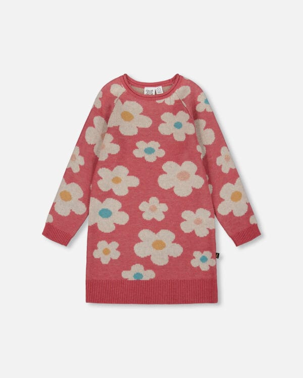 Deux par Deux Robe en tricot avec jacquard de fleurs vieux rose et beige PRÉVENTE