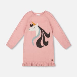 Deux par Deux Robe en tricot vieux rose avec intarsia de licorne