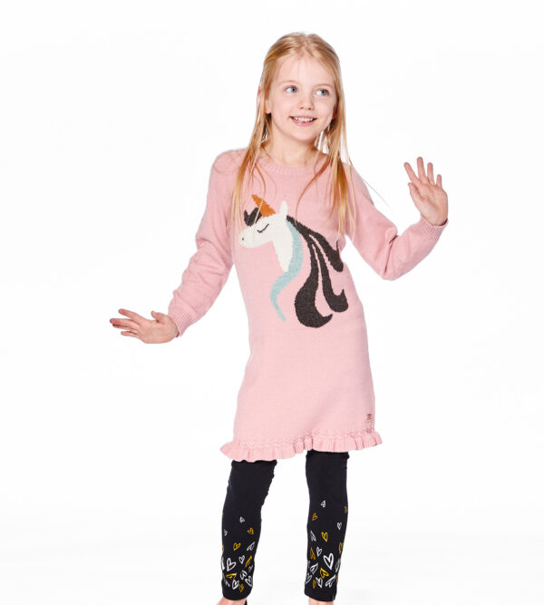 Deux par Deux Robe en tricot vieux rose avec intarsia de licorne – Image 4