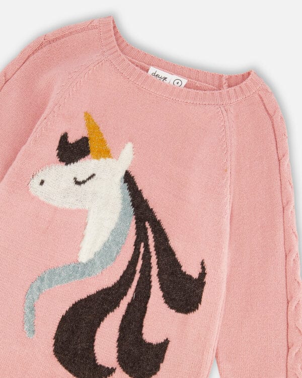 Deux par Deux Robe en tricot vieux rose avec intarsia de licorne – Image 3