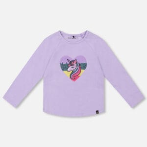 Deux par Deux T-shirt manches longues en coton biologique lavande avec licorne en paillettes