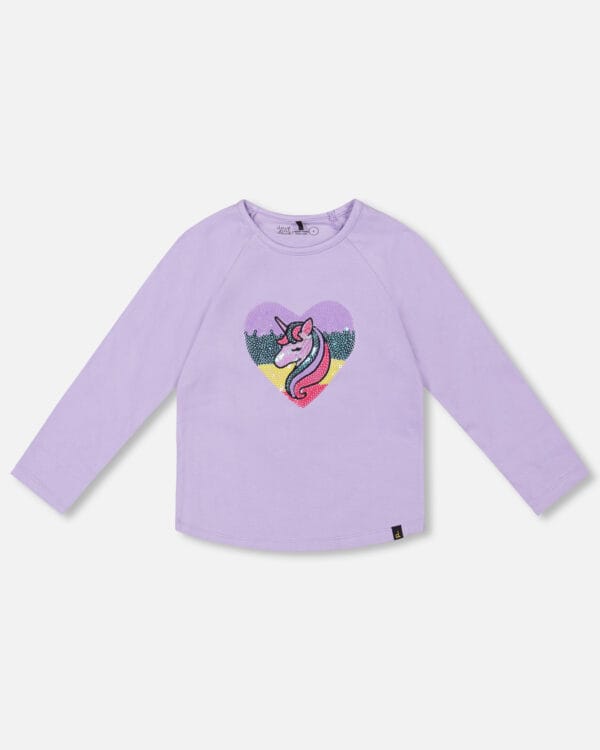 Deux par Deux T-shirt manches longues en coton biologique lavande avec licorne en paillettes