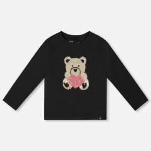 T-shirt en coton biologique noir avec nounours à paillettes réversibles